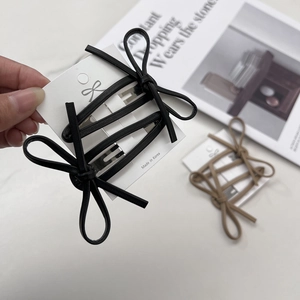 Korean Style PU Leather Bow Hair Clips Set For Women Sweet Handmade Black Khaki Side Clips Fashion Hair Accessories