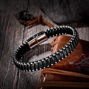 Braided black leather bracelet for men with silver beads and polished magnetic clasp