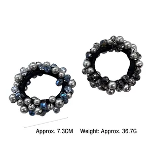 Ensemble de chouchous élégants avec perles et cristaux en gris et bleu, diamètre 7,3 cm