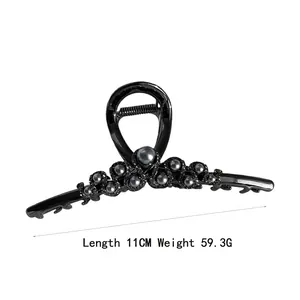Elegant black alloy hair claw clip with grey pearls and crystals, 11cm 59.3g weight
