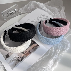 Elegant Tweed Sequin Wide Headband For Women High Top Thickened Hair Hoop Vintage Fashion Hair Accessory
