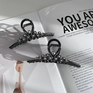Luxury set of two charcoal gray alloy hair claws with pearls and rhinestones on magazine