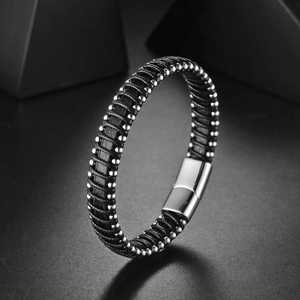Men's braided black leather bracelet with silver metal beads and magnetic clasp