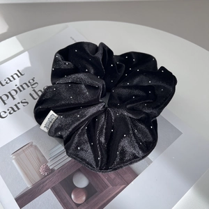 Elegant large black velvet scrunchie with sparkling rhinestones and handmade label