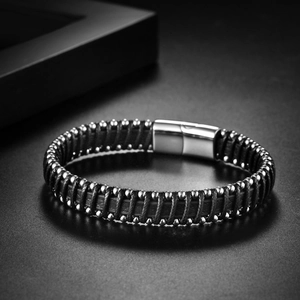 Men's multilayer braided leather bracelet with silver metal beads and magnetic clasp