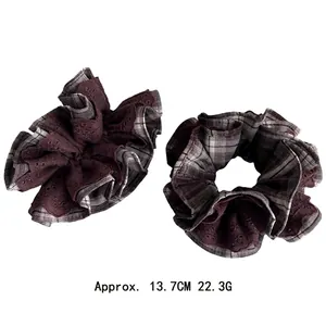 Maillard plaid scrunchie with purple lace trim, size approx. 13.7cm and weight 22.3g