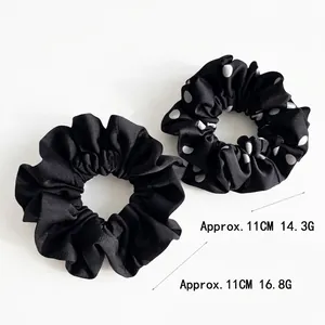 Classic black and polka dot satin scrunchies set with 11cm diameter for women hair ties