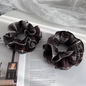 Set of two vintage plaid and lace scrunchies in brown check pattern for elegant hairstyling