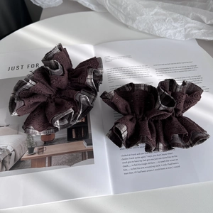 Maillard brown plaid scrunchie with lace embroidery and vintage check pattern