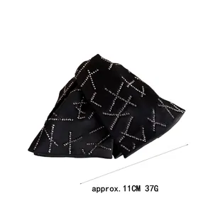Black satin quilted hair claw clip with silver X-shaped rhinestones, 11cm width accessory