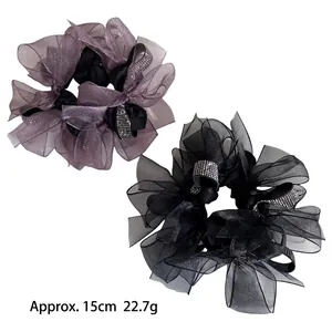 Pink and black large mesh scrunchies with sparkling rhinestone buckles for ponytail styling