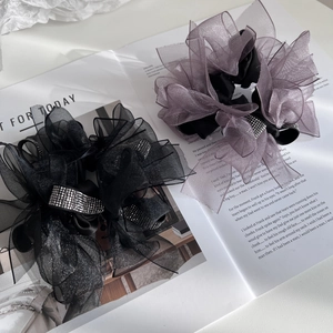 Sweet Organza Bow Scrunchie With Rhinestone Decoration Elegant Mesh Elastic Hair Tie For Women Stylish Hair Accessories