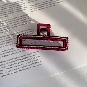 Vintage Wine Red Flocking Hair Claw For Women Rectangular Hollow Alloy Metal Hair Clip With Rhinestone Elegant Hair Accessories