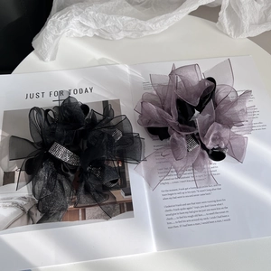 Elegant layered mesh bow scrunchies with rhinestones in black and smoky purple colors