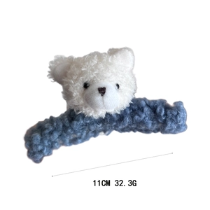 Cute 11cm plush bear hair claw clip in blue and white fluffy faux fur for women