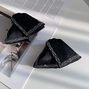 Elegant black satin bow hair claws with sparkling rhinestones and pearls set of two