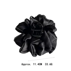 Elegant large black fabric flower hair claw clip with rhinestones and 11.4cm length