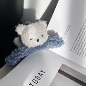 Cute plush bear hair claw clip in blue sherpa fabric with soft white bear ornament