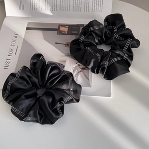 Elegant Satin Rhinestone Scrunchie For Women Black Glossy Fabric Large Hair Tie Striped Rhinestone Decor Fashion Hair Accessories