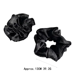 Elegant set of two black satin scrunchies with sparkling rhinestone edges, size 13cm