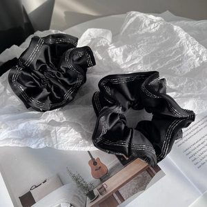 Fabric Satin Rhinestone Scrunchie French Style Elegant Black Oversized Elastic Hair Tie Fashion Accessories For Women