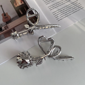 Silver metal rose flower hair claw clips with heart and thorn details in vintage style