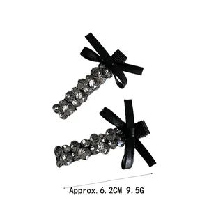 Elegant black bow hair clips with rhinestones for women, 6.2cm length set of two