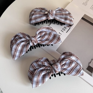 Three-piece Korean style purple plaid bow hair clips for elegant women's hairstyles