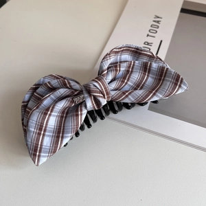 Korean Style Sweet Plaid Bow Banana Clip Fabric Resin Hair Accessory For Women Elegant Checkered Ponytail Bun Hair Claw Clip