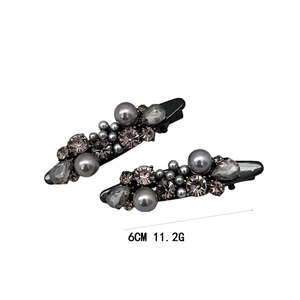 Elegant 2-piece grey rhinestone and pearl duckbill hair clips with gunmetal finish