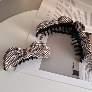 Classic checkered fabric banana hair clips with floral pattern and bow design for women