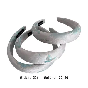 New Chinese style grey satin headband with blue floral embroidery and 3cm sponge padding