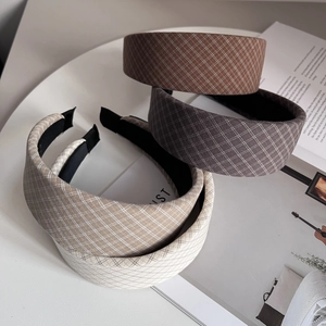 Korean Plaid Fabric Wide Brim Headband For Women Vintage Checkered Nonslip Hairband Sweet Padded Fashion Hair Accessories