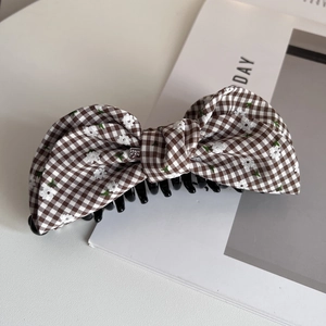 Korean Style Gingham Plaid Bow Banana Clip Fabric Floral Pattern Hair Claw Clip Vintage Elegant Hair Accessories For Women