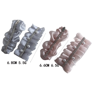 Elegant satin pleated hair clips with pearls and rhinestones in pink and silver grey