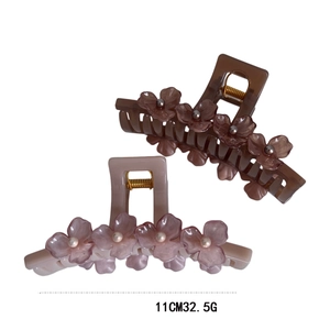 Elegant floral acrylic hair claw clip set with pearls in coffee and purple colors