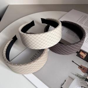 Three-piece set of elegant plaid fabric wide headbands in neutral earth tones for women