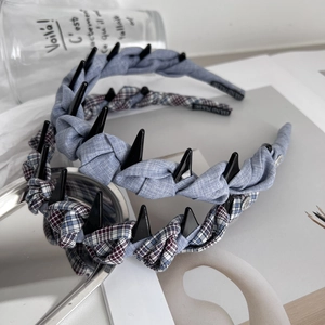 Women's Braided Fabric Headband With Spikes Anti-slip Teeth High Cranial Top Plaid Blue Punk Style Hand Made Hair Accessories