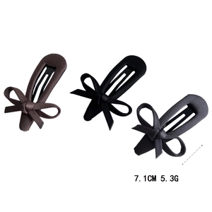 Three-piece fabric bow hair clip set in brown, black, and grey with 7.1cm BB clips