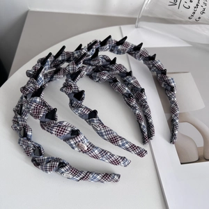 Blue plaid twist braided headband with non-slip teeth for high crown hair styling