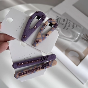 Korean Style Purple Checkered Fabric Hair Clip Set With Sparkling Rhinestone Decoration Sweet Elegant Hair Accessories For Women