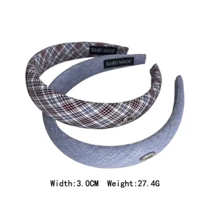 Set of 3cm wide plaid and blue padded headbands with elegant rhinestone side accents