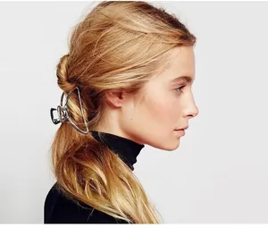 Vue latérale d'une grande pince à cheveux en métal argenté pour queue de cheval basse
