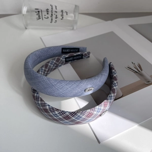 Plaid and blue sponge headbands set with handmade label and metal letter detail