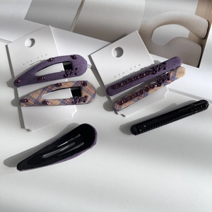 Elegant purple plaid hair clip set with sparkling rhinestones and Korean fabric finish
