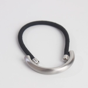 Minimalist silver matte brushed metal half-round ponytail holder with black elastic band