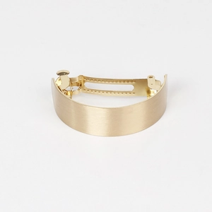 Close-up of brushed gold metal hair clip featuring a curved minimalist spring clip design