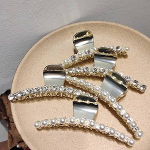 Grande Pince à Cheveux en Métal Doré Élégante Pince Crabe avec Fausse Künstliche Perle et Strass Accessoire Cheveux pour Femme Cheveux Épais