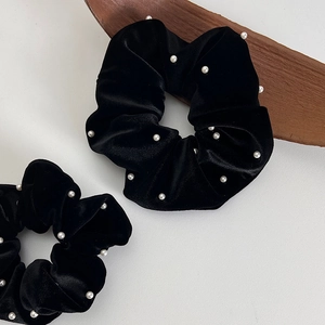 Chouchous en Velours avec Künstliche Perles Style Français Élégants Élastiques à Cheveux Oversize Noirs Bandeaux en Velours pour Femmes Décor Cheveux