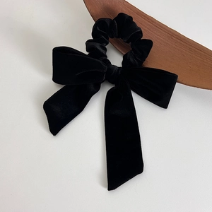 French Vintage Black Velvet Bow Scrunchie For Women Elegant Long Streamer Hair Tie High Elasticity Handmade Hair Accessory